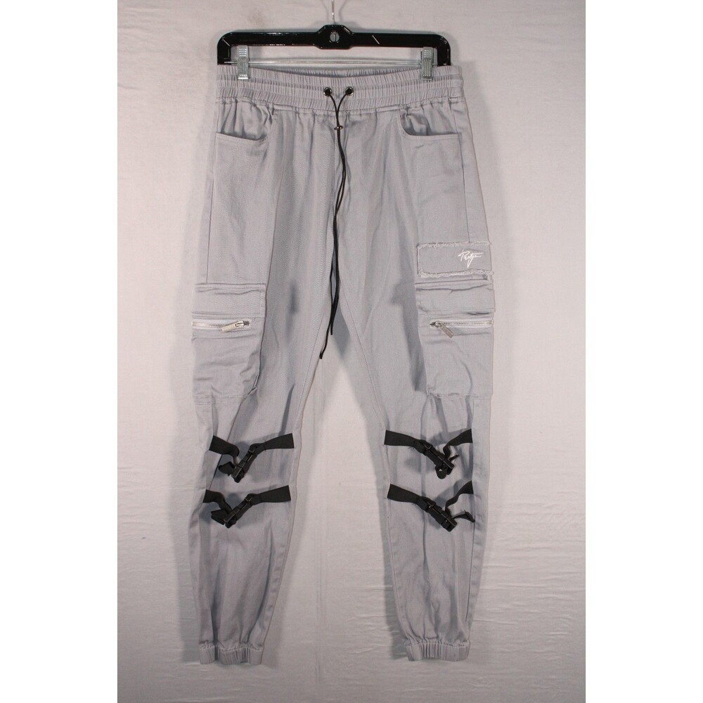 PRSTGE Paris Mens L Gray Tactical Cargo Joggers Buckle Straps Stretch Pants
